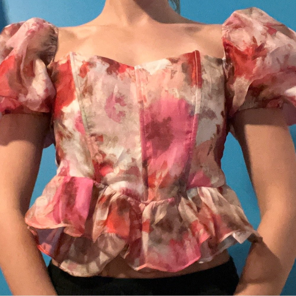 Vestique Pink and Orange Puff Sleeve Peplum Blouse
